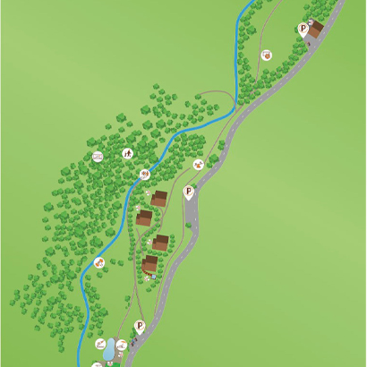 Mappa illustrata del Piccola Valle – Valley Resort con sentieri, piscina, palestra, relax, aree gioco e parcheggi