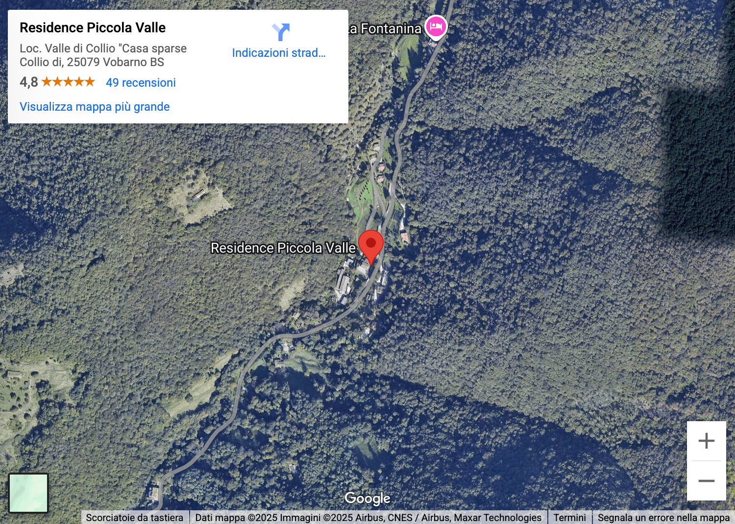 Posizione su Google Maps del Residence Piccola Valle, immerso nel verde a Collio di Vobarno, vicino al Lago di Garda